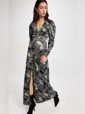 Ganni Paisley Crinkled Satin Maxi Dress Black Blue Long Sleeve EU 38 US 8